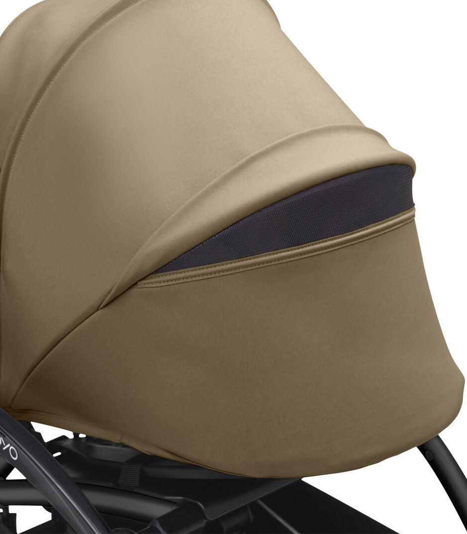 Stokke® YOYO3® 0+ Toffee. Black Frame. Canopy ventilation open. Close-up. Angled. galery image 5